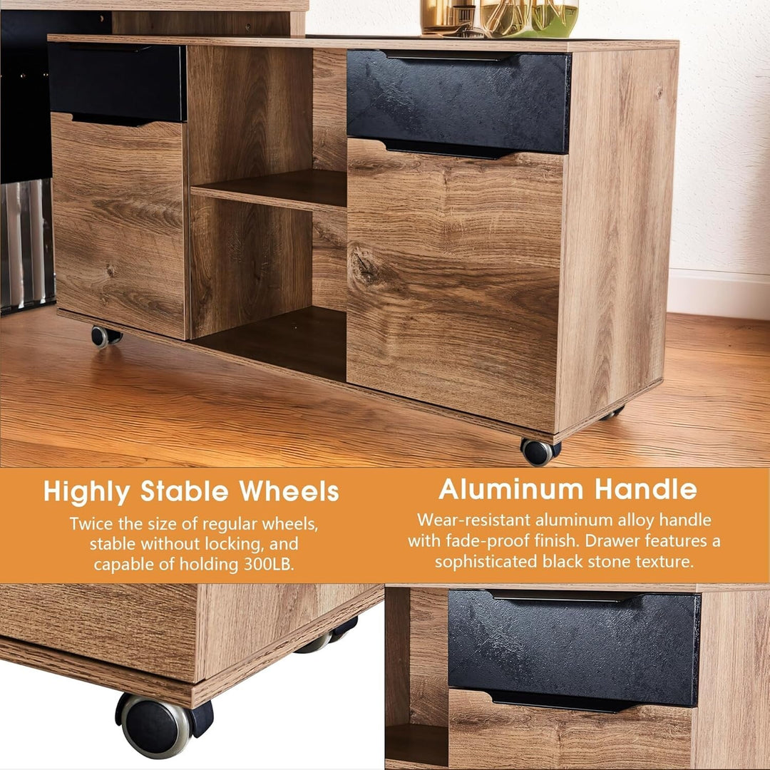WESOME L-Shaped Executive Office Desk with 2 Drawers 4 Wheels File Cabinets Cable Management