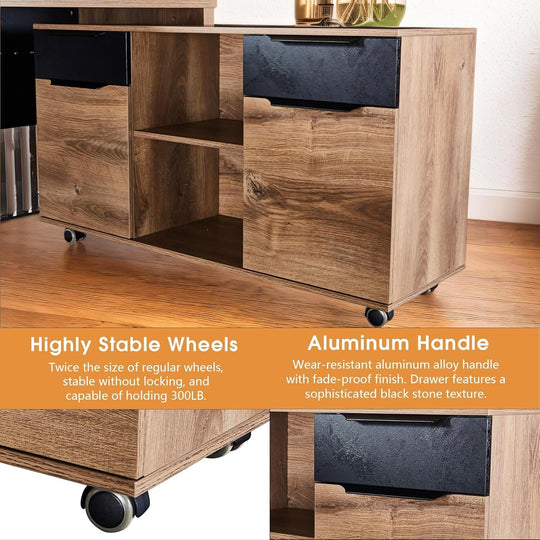WESOME L-Shaped Executive Office Desk with 2 Drawers 4 Wheels File Cabinets Cable Management