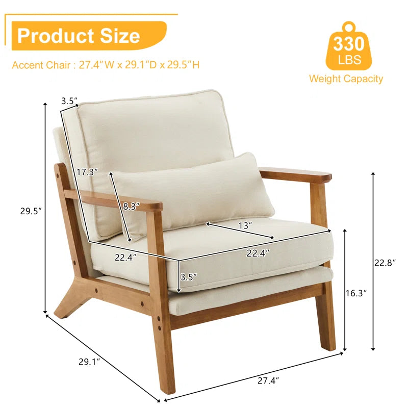 Lemley Upholstered Accent Chair with Wooden Legs and One Pillow