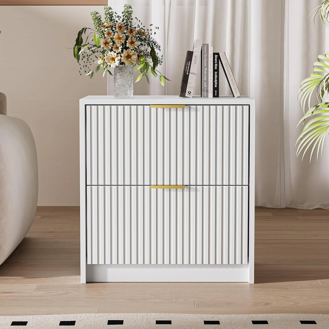 Set of 2 Fluted Nightstand with 2 Drawers, Modern Storage Bedside Table Wooden End Table for Bedroom