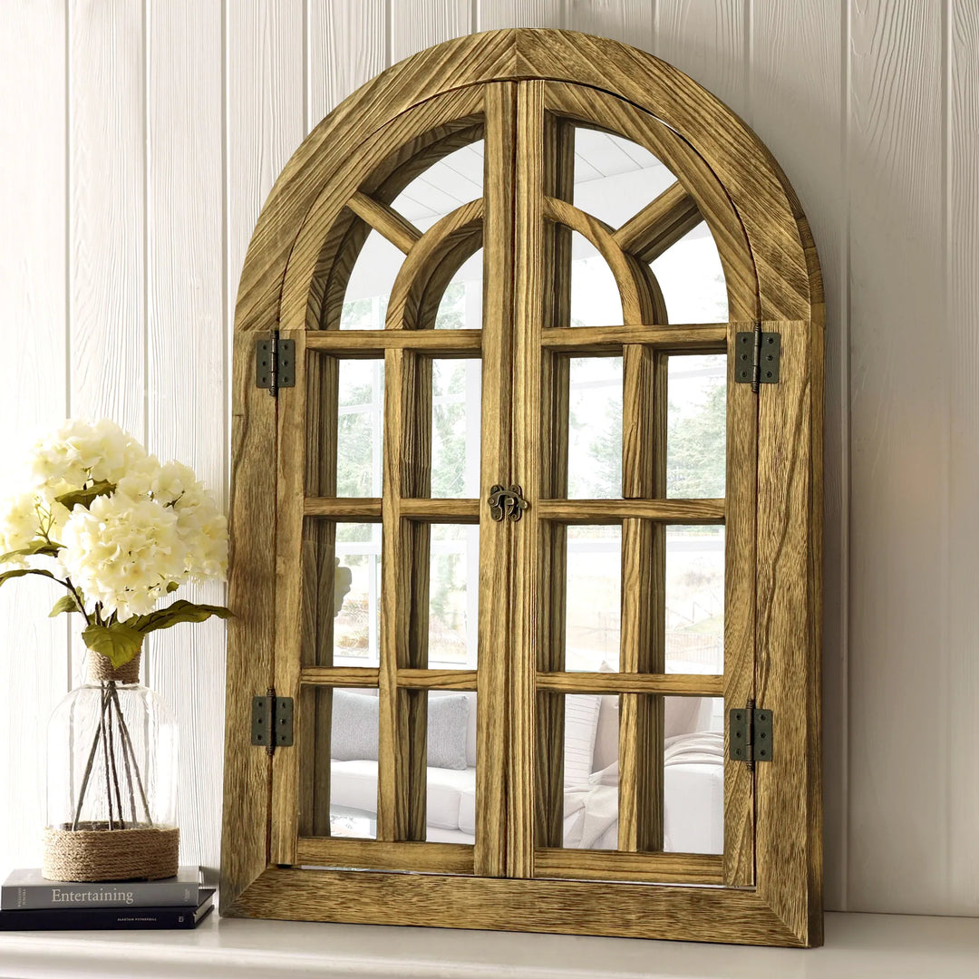 Vintage Wood Windowpane Arched Wall Mirror