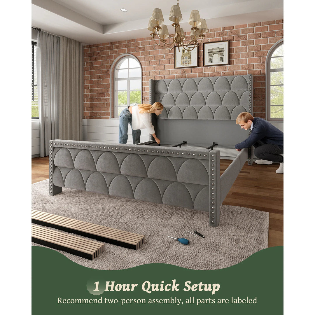 Hansabenne Solid Wood Bed Frame Queen and King Platform Bed Frame with Headboard White and Gray