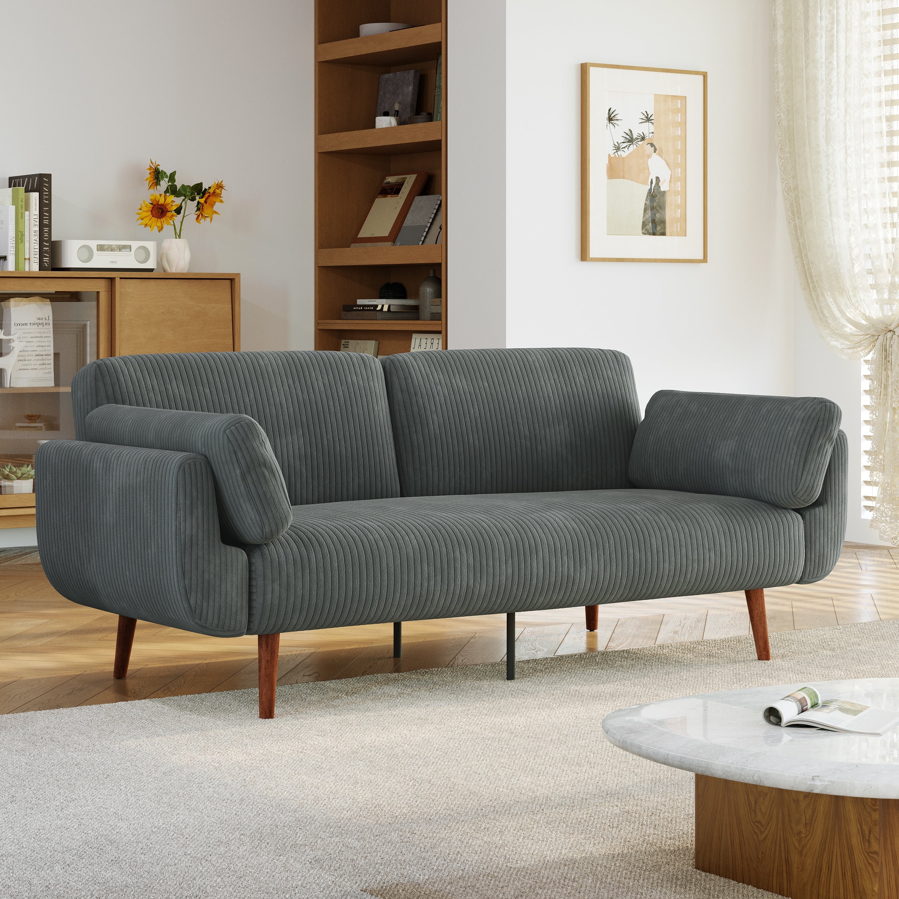 73" W Upholstered Corduroy Convertible Sleeper Sofa Bed with Pillows