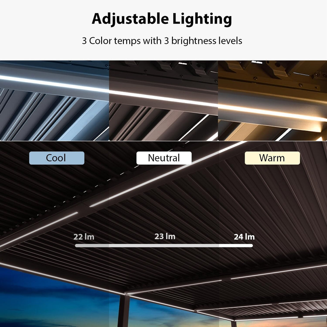 Solar Louvered Pergola with LED String Lights Aluminum Outdoor Pergola with Adjustable Roof for Patio Garden