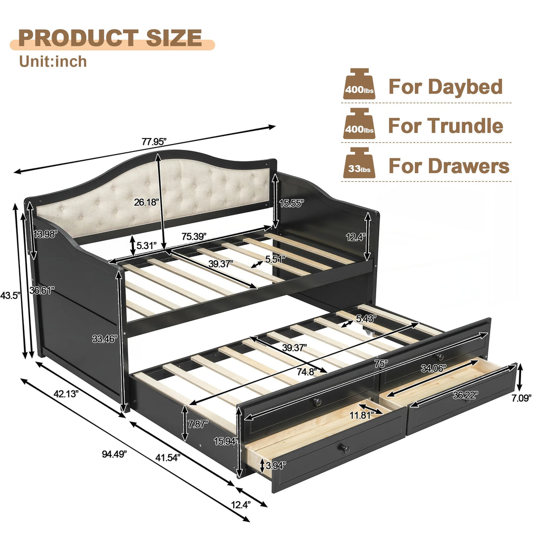Twin Daybed with Trundle, Twin Size Daybed with 2 Storage Drawers, Wooden Sofa Bed with Upholstered Button Tufted Backrest
