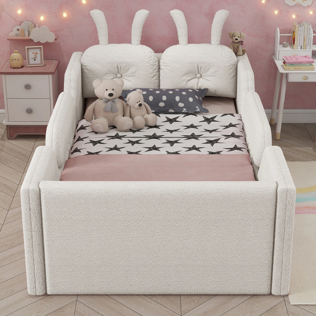 Twin Size Upholstered Platform Bed with Rabbit Cushion, Floor Upholstered Bed with Removable Side Rails