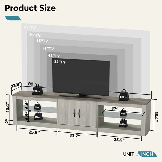 Kruszewski 80" TV Stand for 85", TV Stand with LED Lights & Two Storage Cabinets