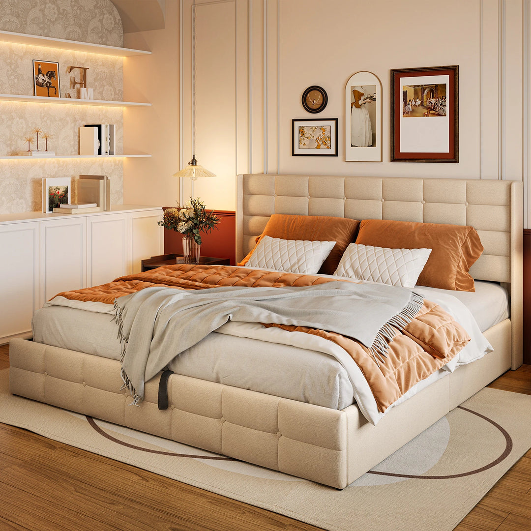 Lift up Storage Bed Frame, Upholstered Platform Bed Frame with Hydraulic Storage System and Headboard