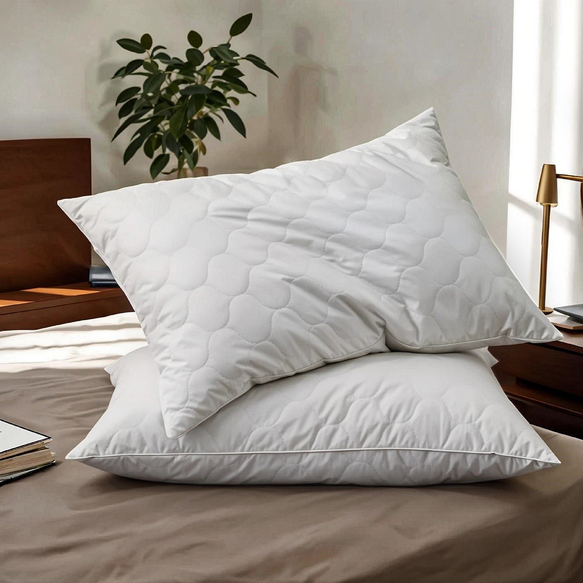 2 Pack Goose Feather down Pillows with Quilted Cotton Cover - White