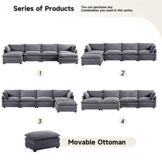 Corduroy Sectional Sofa with Removable Ottomans & Ultra-Soft Cushions for Living Room & Bedroom