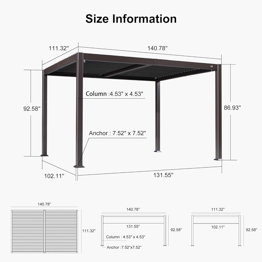 Bronze Louvered Pergola Sun Shade Shelter with Adjustable Metal Roof for Patio Hardtop Pergola