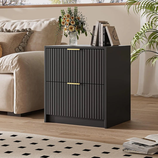 Set of 2 Fluted Nightstand with 2 Drawers, Modern Storage Bedside Table Wooden End Table for Bedroom