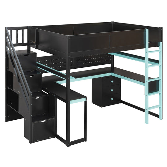 Full Size Wooden Gaming Loft Bed with Storage Stairs, Desk, Shelves and Pegboard