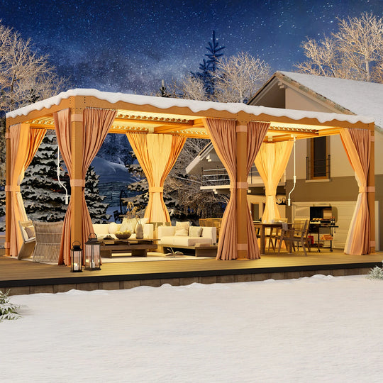 Outdoor Louvered Pergola Gazebo with Adjustable Aluminum Rainproof Roof and Pull-Down Screen