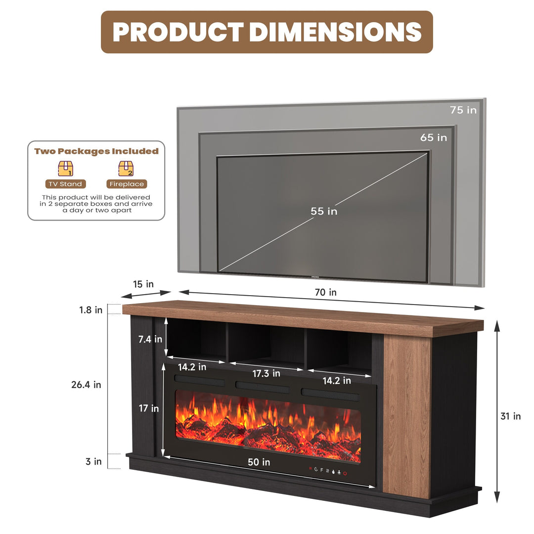 70" TV Stand with Electric Fireplace Heater, Media Entertainment Center Console for Tvs up to 80" with Storage Cabinet