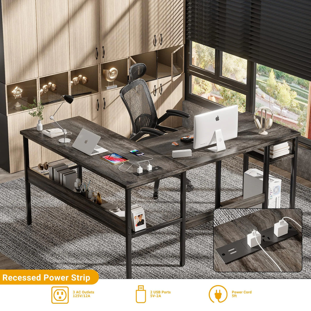 Reversible L Shaped Desk with Storage Shelves, Home Office Corner Desk with Charge Station