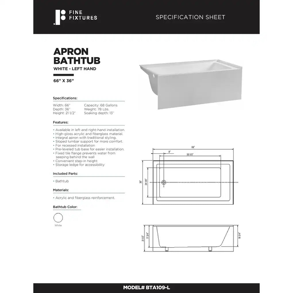 Acrylic-Fiberglass Soaking Bathtub, White. Alcove/Apron Front