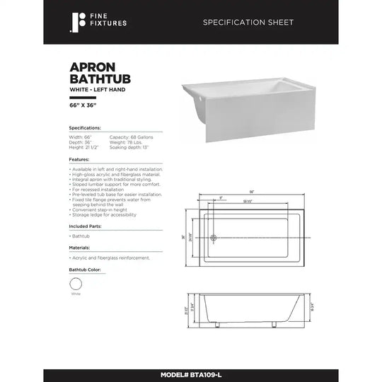 Acrylic-Fiberglass Soaking Bathtub, White. Alcove/Apron Front