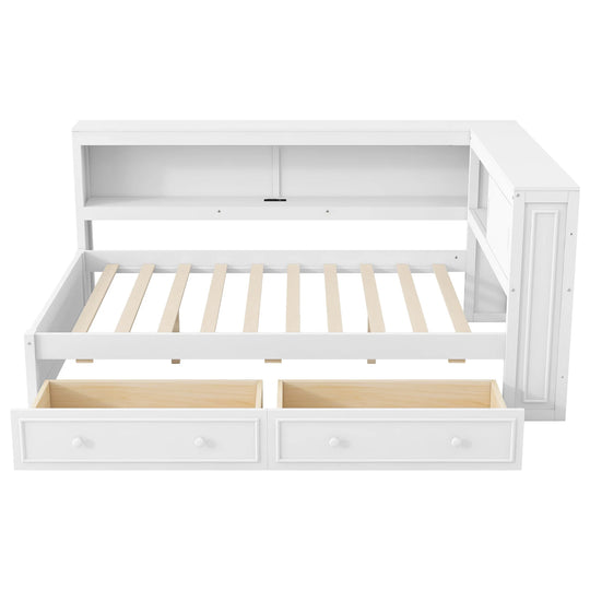 Full Size Wood Daybed with Storage Shelves, USB, LED, and 2 Drawers