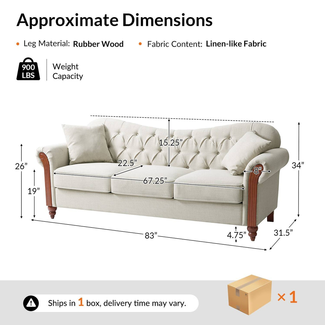 Mario Traditional 83"Wide Tufted Sofa with Solid Wood Legs and Pillows by