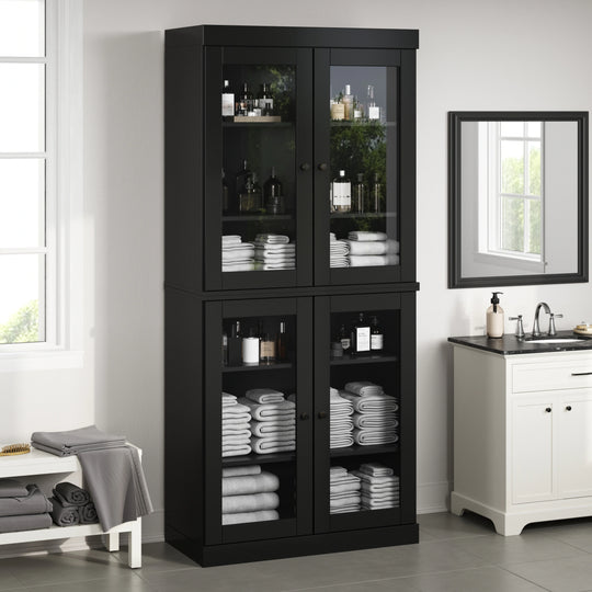 100% Solid Wood Bathroom & Laundry Storage Cabinet, Raised Panel Doors, Adjustable Shelves, 32" Wide, 71.5" Tall
