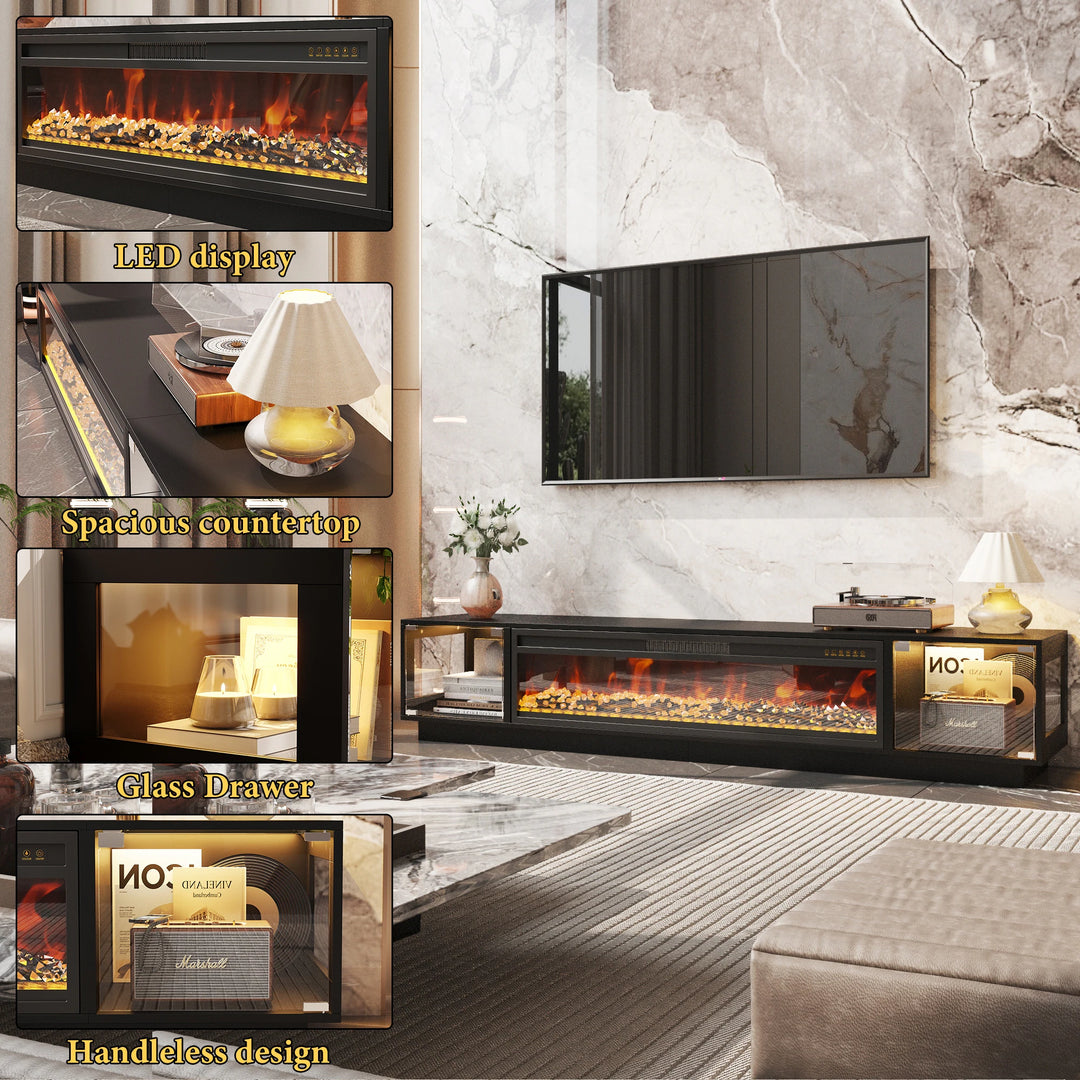 Modern Black Fireplace TV Stand Combo,Remote Fireplace Heater,2 Drawers,Light Strip & USB