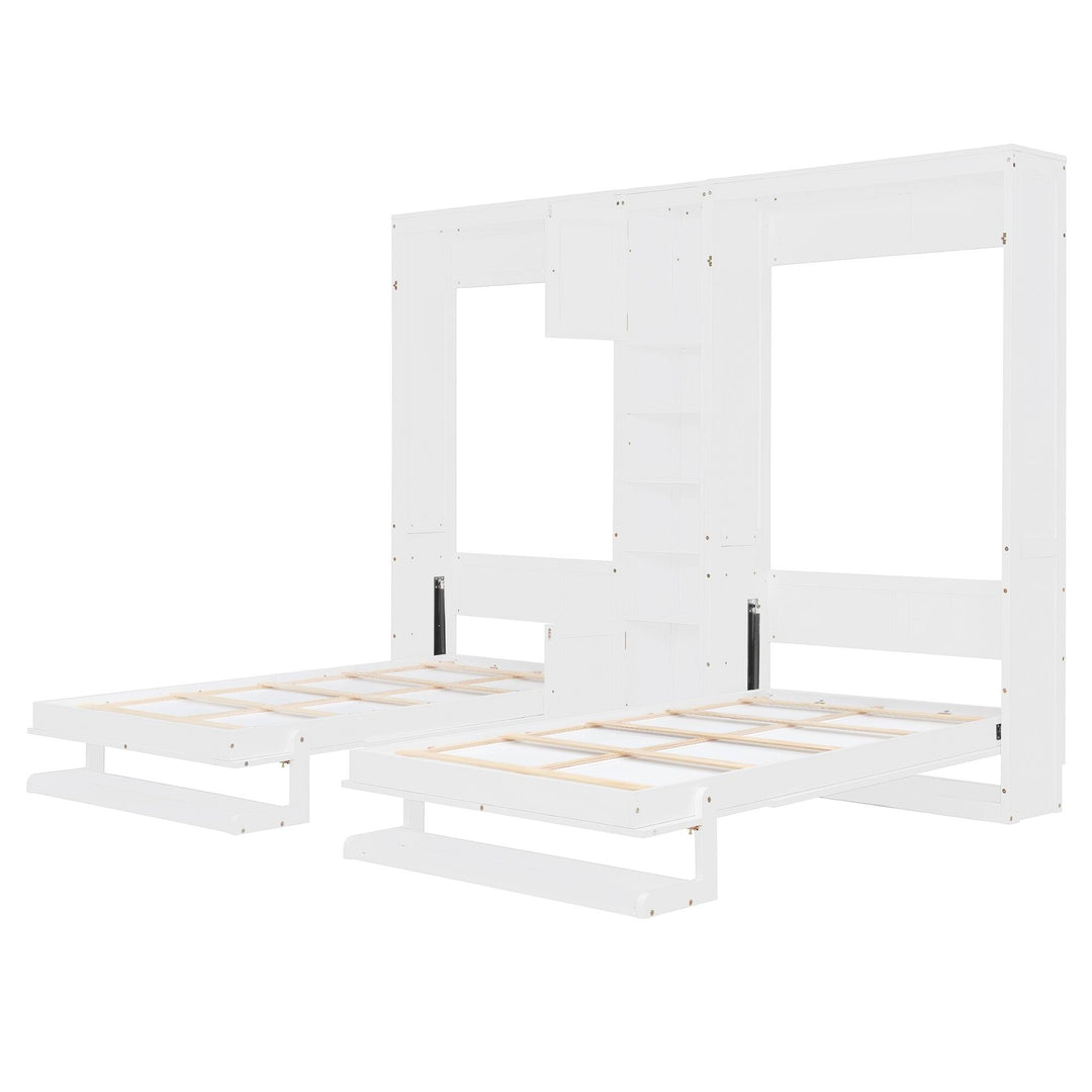 Dual Twin Size Wall Murphy Beds with Cabinets and Shelves, Space-Saving Design