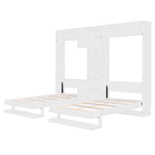 Dual Twin Size Wall Murphy Beds with Cabinets and Shelves, Space-Saving Design