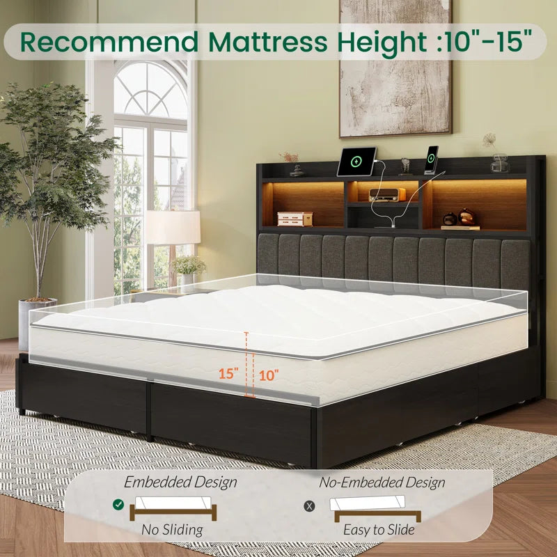 Bed Frame with 6 Storage Drawers, Linen Upholstered Headboard, Built in Charging Station and Led