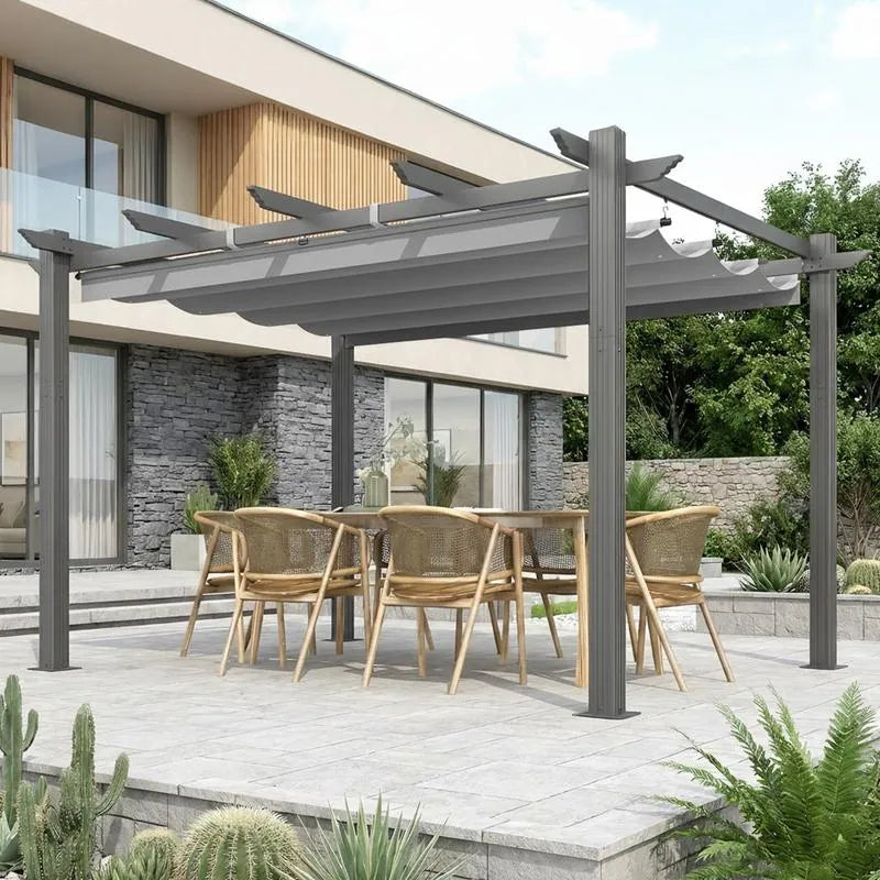 10' X 13' Outdoor Pergola with Retractable Canopy, Heavy-Duty Metal Frame and Adjustable Patio Shade Roof