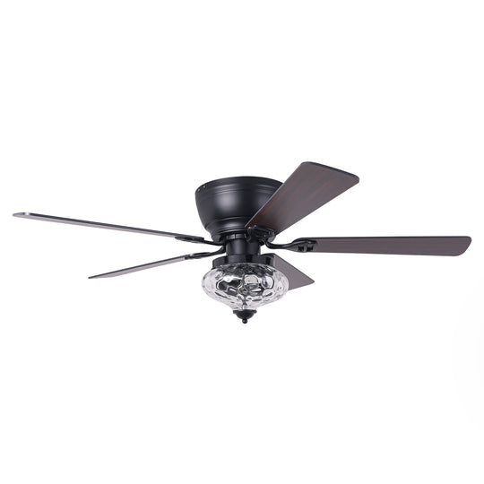 52" Modern Matte Black Reversible Flush Mount Ceiling Fan with Light and Remote - 52 In. D X 52 In. W X 14 In. H