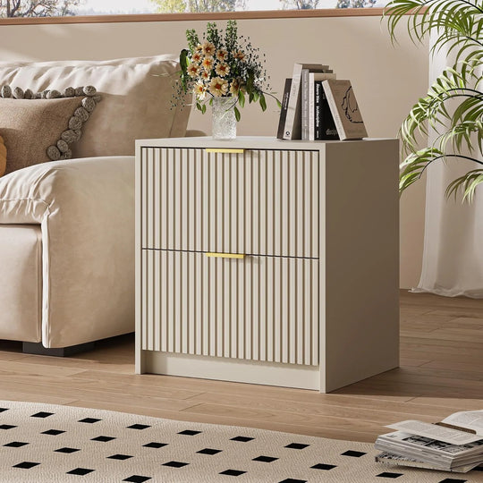 Set of 2 Fluted Nightstand with 2 Drawers, Modern Storage Bedside Table Wooden End Table for Bedroom