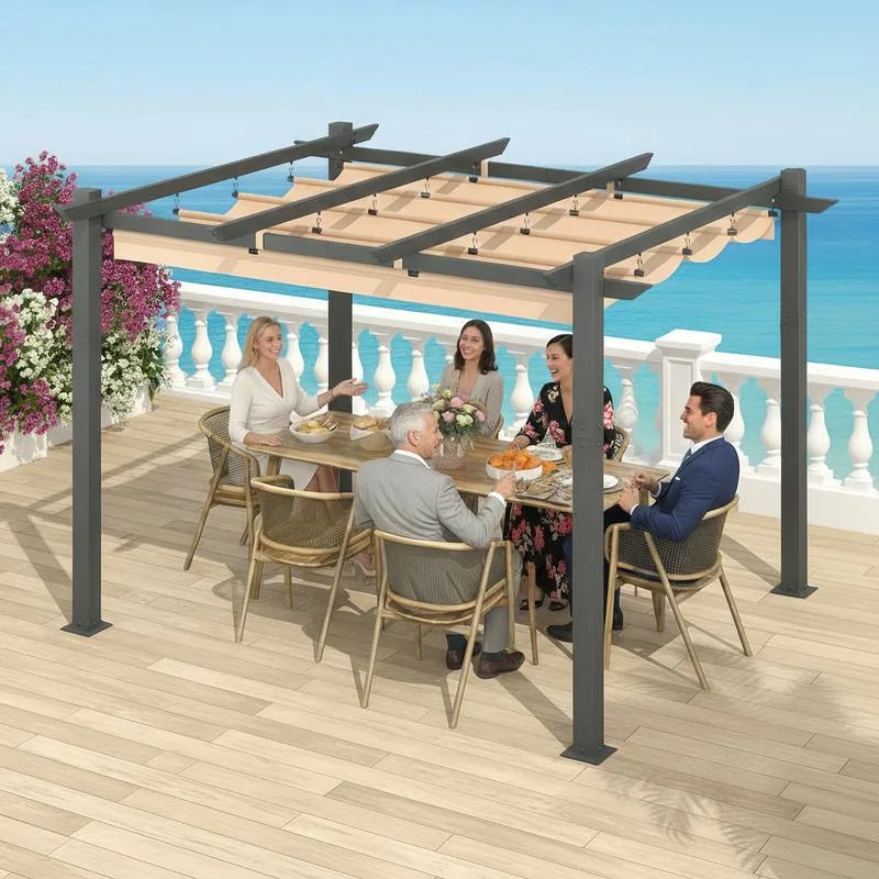10' X 13' Outdoor Pergola with Retractable Canopy, Heavy-Duty Metal Frame and Adjustable Patio Shade Roof