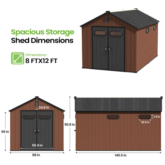 8X8/8X10/8X12 FT All-Weather Outdoor Resin Lockable Storage Shed with Windows Floor for Patio Furniture and Tools