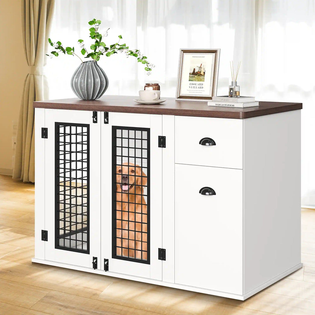 Dog Crate Furniture, with Drawer & Side Cabinet, Pet Kennel for Small to Medium Pet, White