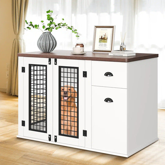 Dog Crate Furniture, with Drawer & Side Cabinet, Pet Kennel for Small to Medium Pet, White