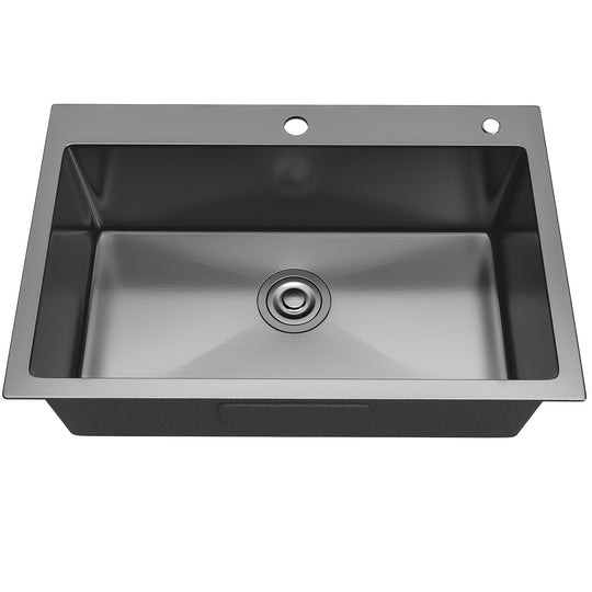 33 Inch Drop in Kitchen Sink Top Mount Stainless Steel Black Sink W/Sink Protector Single Bowl Drop-In Sink for Workstation