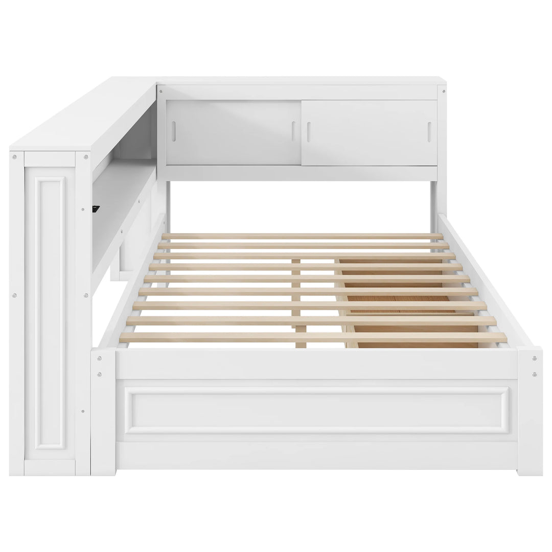 Full Size Wood Daybed with Storage Shelves, USB, LED, and 2 Drawers
