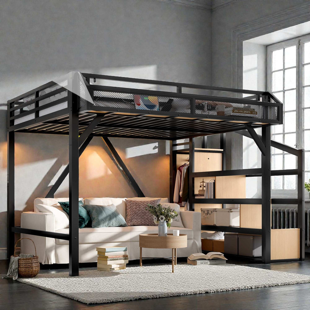 Metal Loft Bed with Storage Stairs, Built-In Wardrobe, Shelves, USB Ports, LED Lights & Noise-Reduced Frame