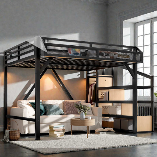 Metal Loft Bed with Storage Stairs, Built-In Wardrobe, Shelves, USB Ports, LED Lights & Noise-Reduced Frame