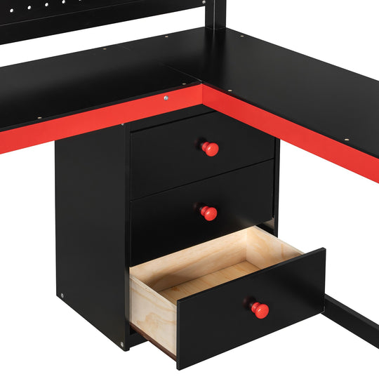 Full Size Wooden Gaming Loft Bed with Storage Stairs, Desk, Shelves and Pegboard