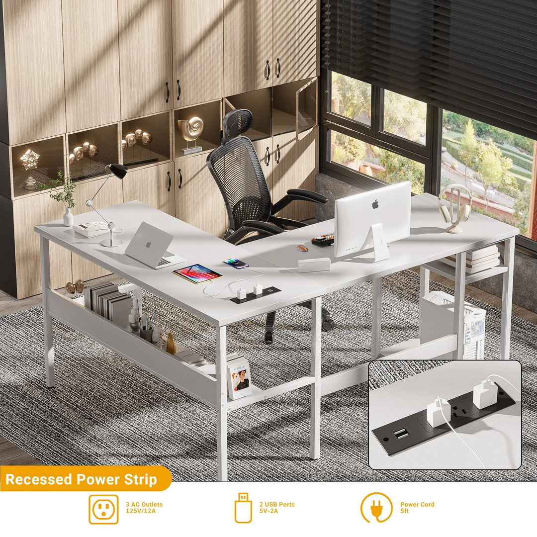Reversible L Shaped Desk with Storage Shelves, Home Office Corner Desk with Charge Station