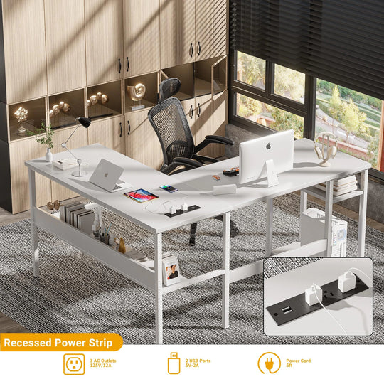 Reversible L Shaped Desk with Storage Shelves, Home Office Corner Desk with Charge Station