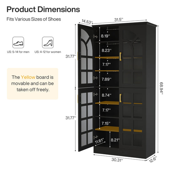 35 Pairs Tall Shoe Storage Cabinet with Doors, 8 Tiers Shoe Rack Organizer with LED Light and Adjustable Shelves for Entryway