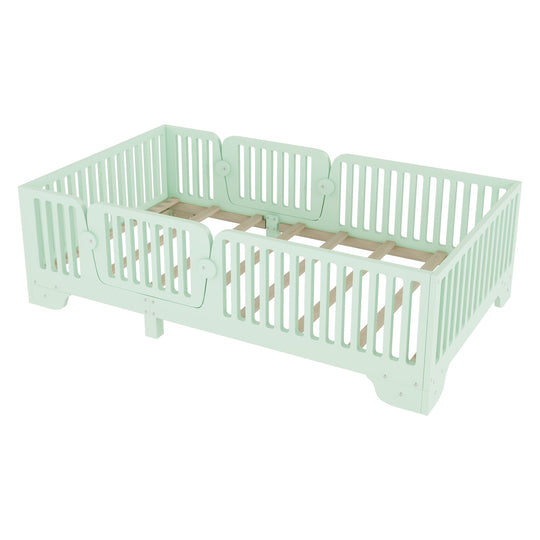 Full Size Montessori Floor Bed Frame with Safety Rails and Removable Door, Low Profile Kids Bed with Slatted Support