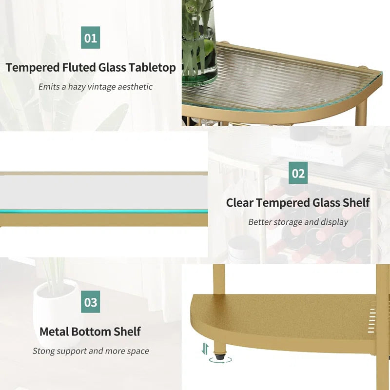 Itasca Metal Wine Bar Stand with 4-Tier Storage, Tempered Glass Wine Rack Table with Glass Holders