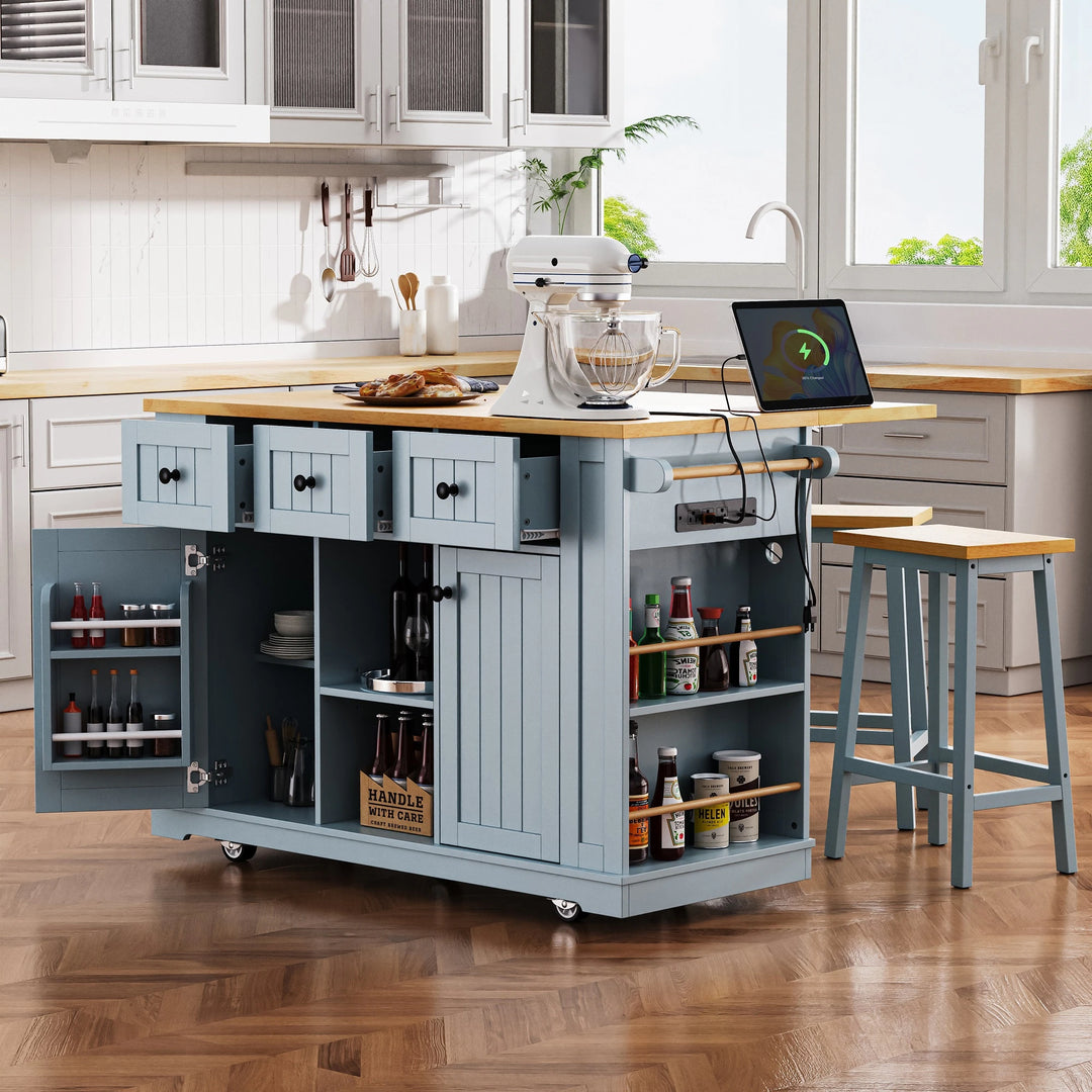 Large Kitchen Island with Drop Leaf,Power Outlet,Door Internal Storage Rack,3 Drawers(Not Include Bar Stools)