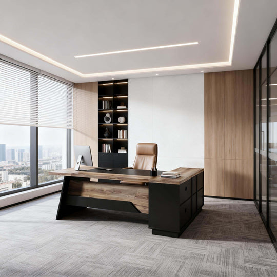 78.74 Inches L-Shape Executive Desk, Industrial Wood Desk with Cabinet Drawer Storage Shelves