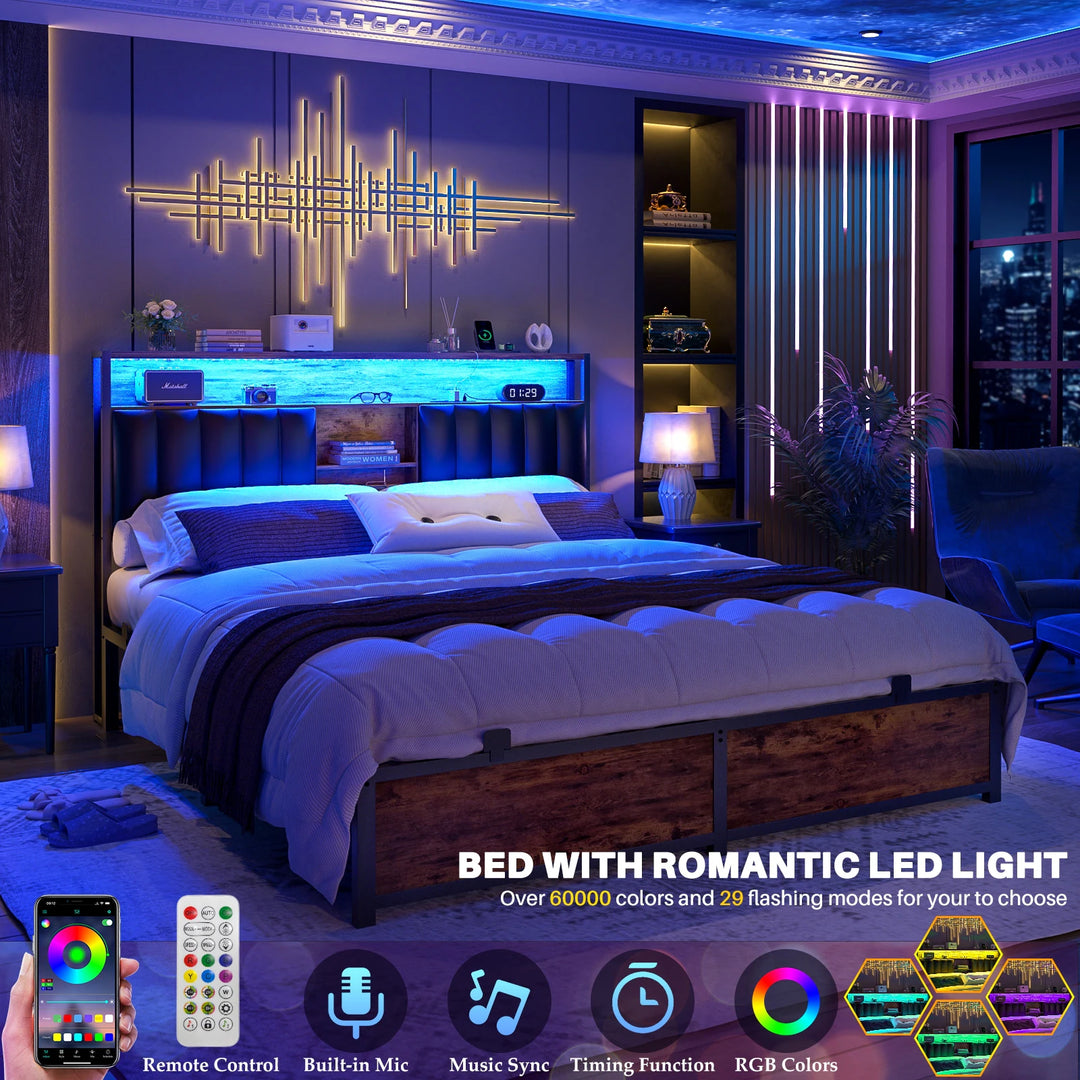 Upholstered Bed Frame with Storage Shelving, Platform Beds with Charge Station and LED Lights