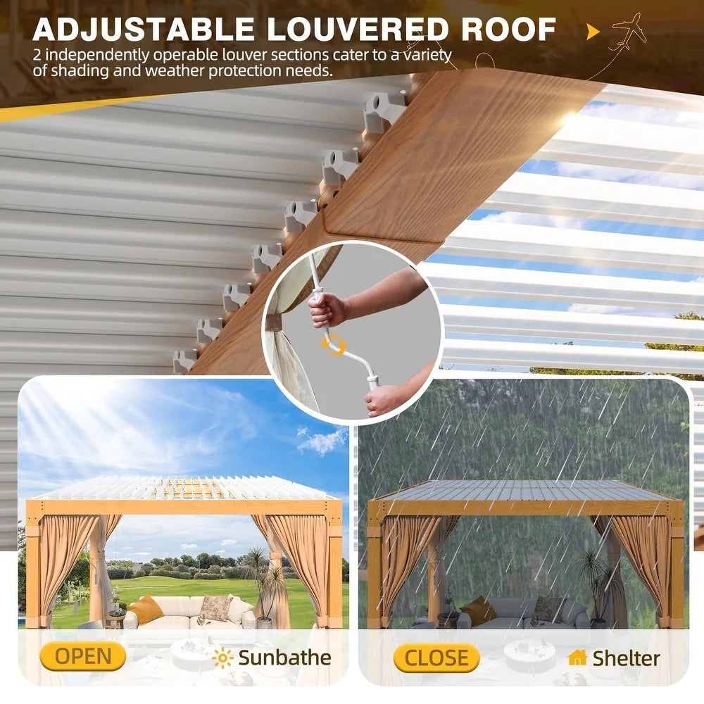 Outdoor Louvered Pergola Gazebo with Adjustable Aluminum Rainproof Roof and Pull-Down Screen